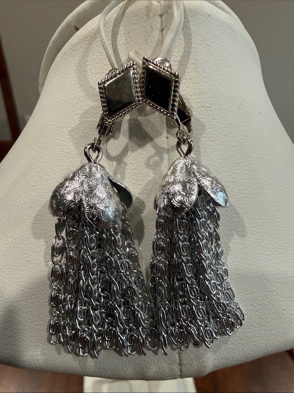 Sarah Coventry Silver Tassel Drop Earrings with Textured Petal Caps